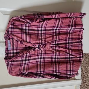 Laura Scott long sleeves plaid roll up sleeves Henley blouse Medium Pink